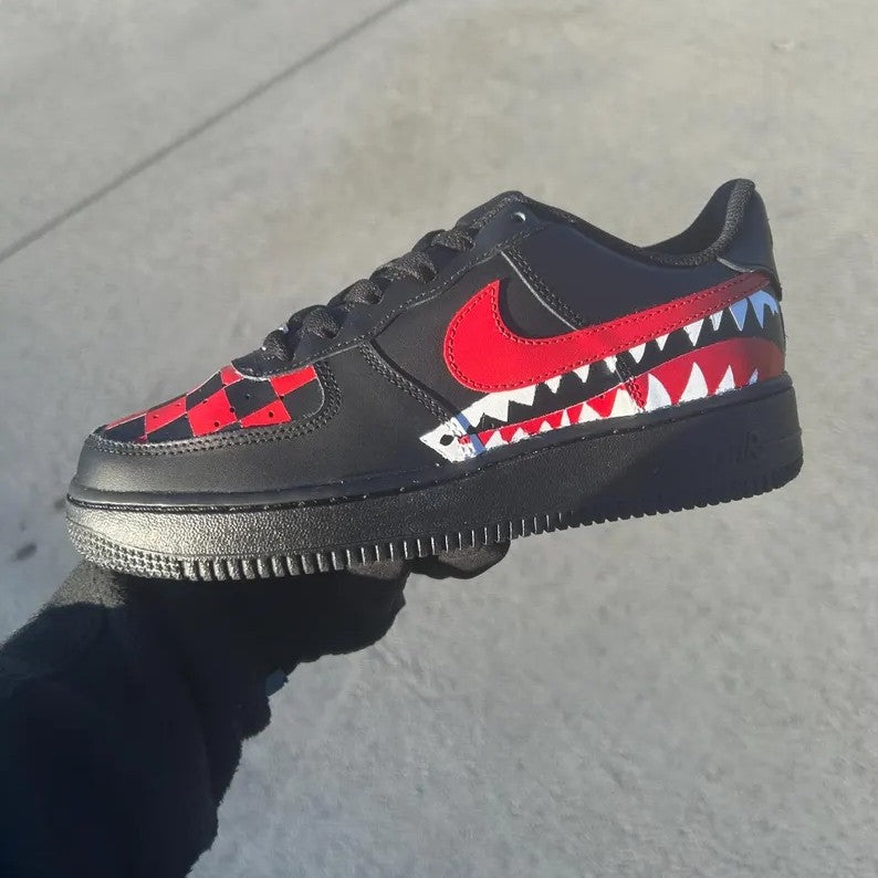 Custom Air Force 1 Black Red Checkerboard Shark Pattern-oicustom