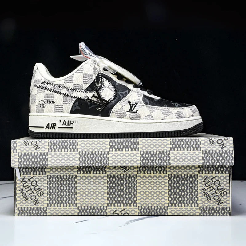 Custom Air Force 1 Black White With LV Checkerboard And Logo