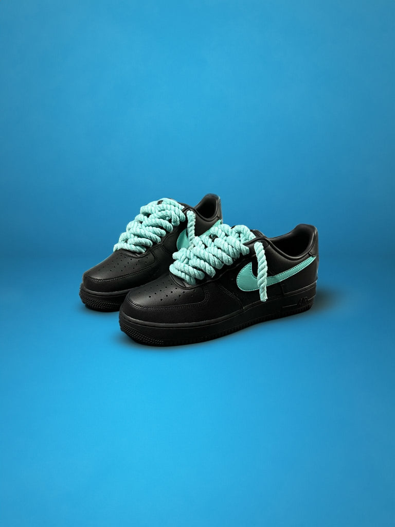 Custom Air Force 1 Black With Baby Blue Laces And Swoosh-oicustom