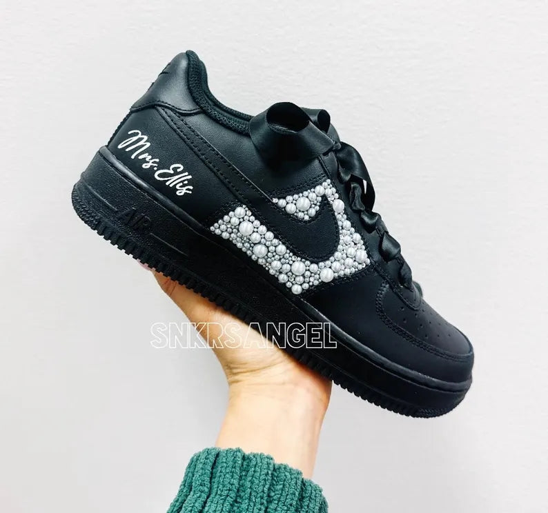 Custom Air Force 1 Black With Pearl Embellishments-oicustom