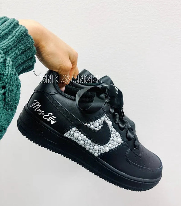 Custom Air Force 1 Black With Pearl Embellishments-oicustom