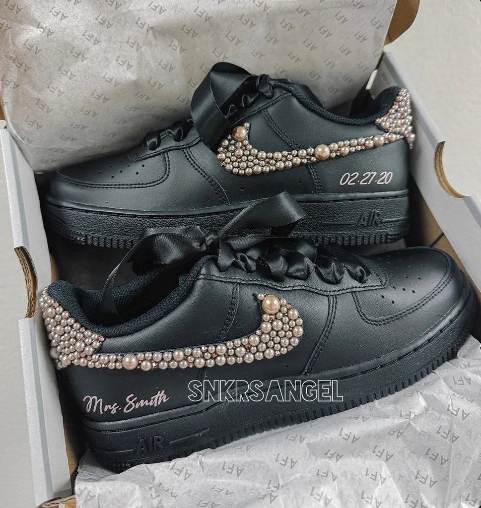 Custom Air Force 1 Black With Pearl Embellishments-oicustom