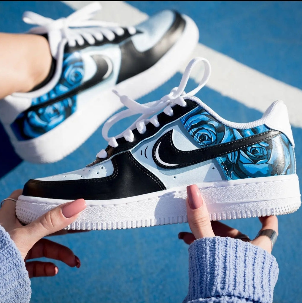 Custom Air Force 1 Blue Black With Blue Roses-oicustom