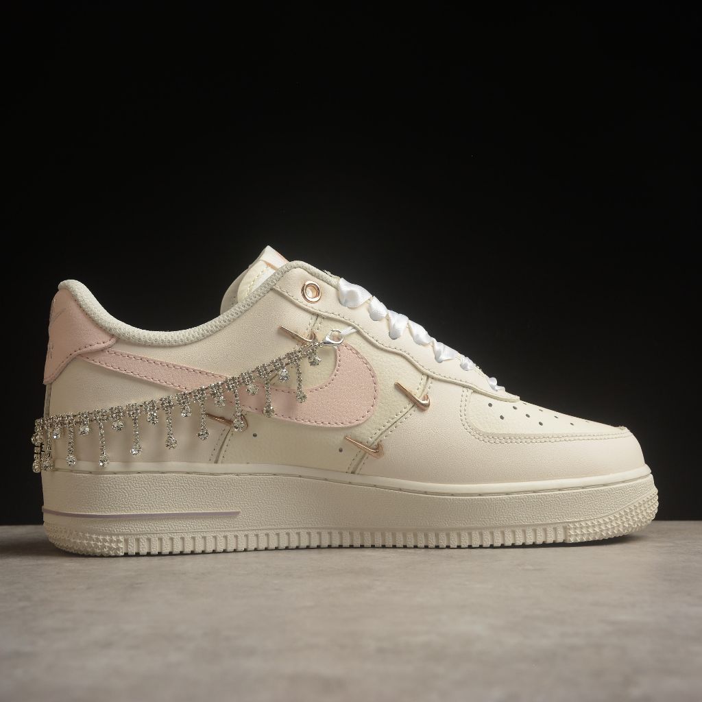 Custom Air Force 1 Cream And Baby Pink With Crystal Fringe-oicustom