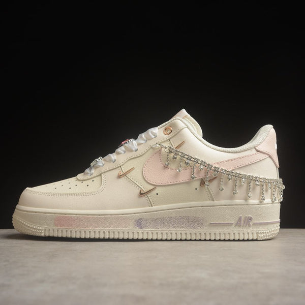 Custom Air Force 1 Cream And Baby Pink With Crystal Fringe-oicustom