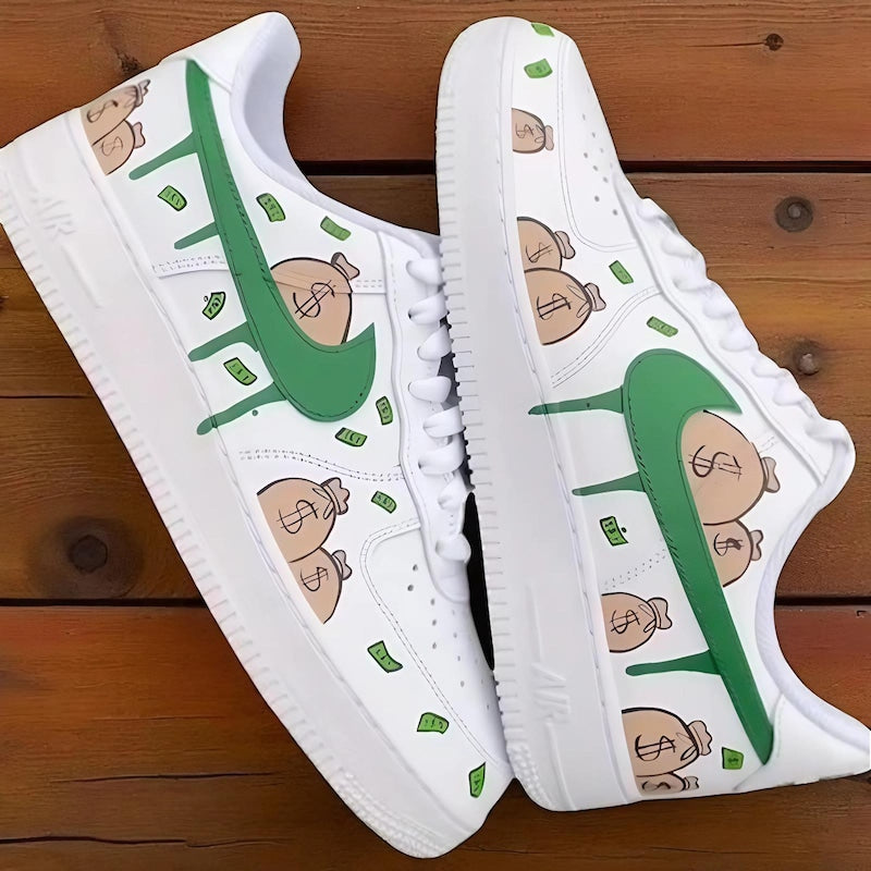 Custom Air Force 1 green Drip Swoosh With Money Bag Pattern-oicustom