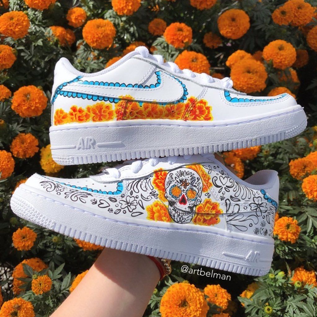 Custom Air Force 1 Shoes Orange Blue Sugar Skull Design-oicustom