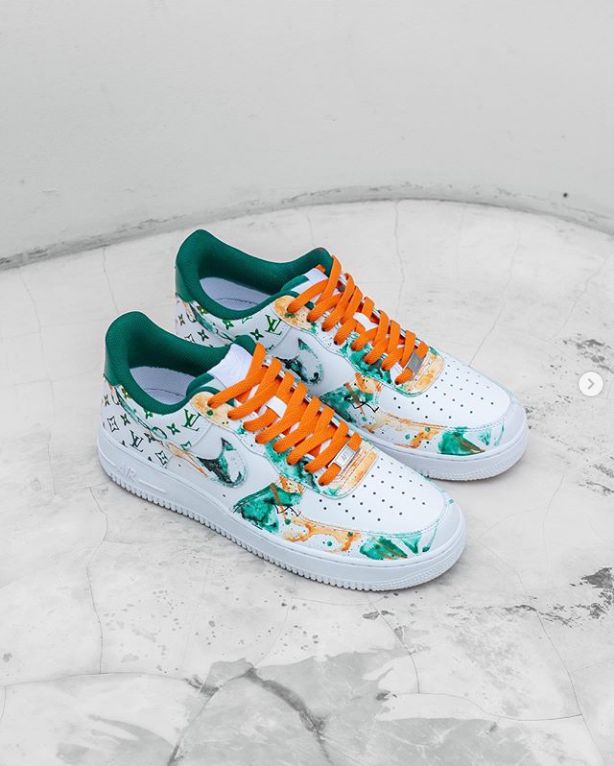 Custom Air Force 1 Shoes Orange Green with LV Pattern-oicustom