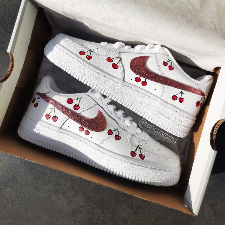 Custom Air Force 1 Shoes with Cherry Pattern and Maroon Swoosh-oicustom