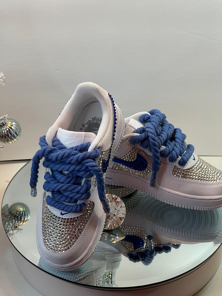 Custom Air Force 1 Sliver Blue Rhinestones Thick Laces-oicustom