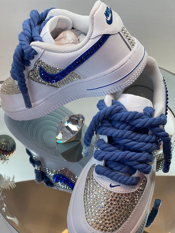Custom Air Force 1 Sliver Blue Rhinestones Thick Laces-oicustom