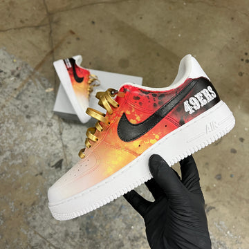 Custom Air Force 1 White And Orange With Splatter Pattern And Gold Laces 49ERS Logo-oicustom