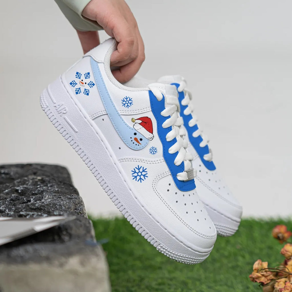 Custom Air Force 1 White Baby Blue Snowman Snowflake Design-oicustom