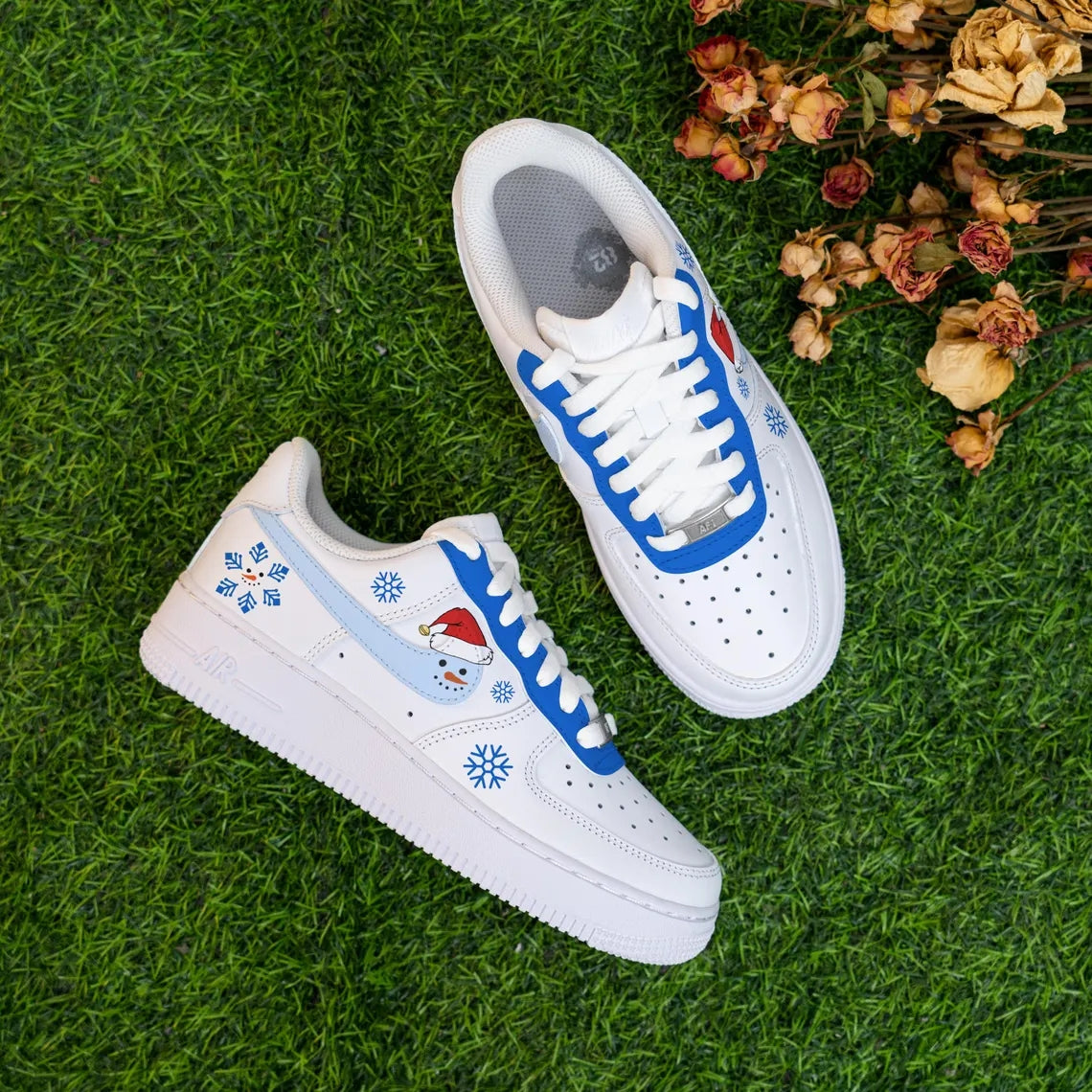 Custom Air Force 1 White Baby Blue Snowman Snowflake Design – oicustom