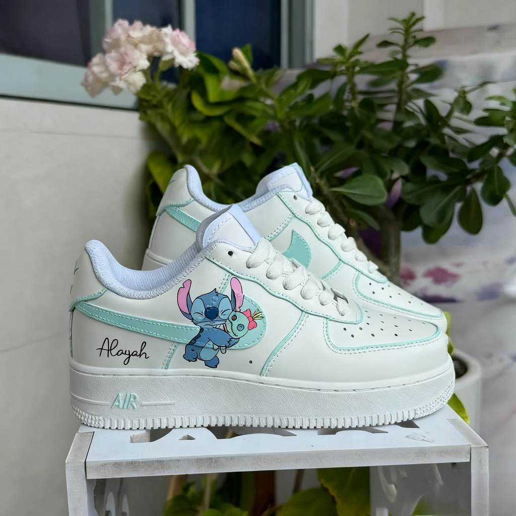 Custom Air Force 1 White Baby Blue Stitch Cartoon-oicustom