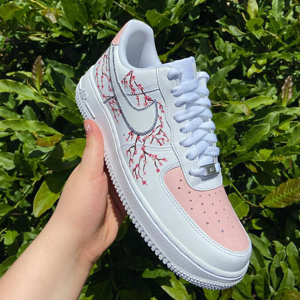 Custom Air Force 1 White Baby Pink Cherry Blossom Design-oicustom