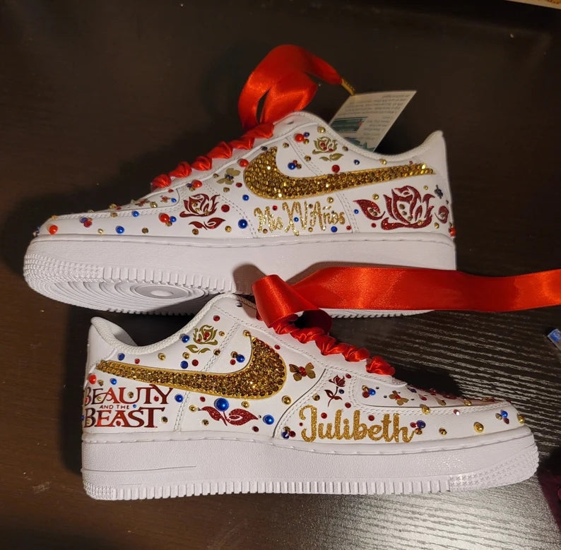 Custom Air Force 1 White Beauty And The Beast Theme With Gold Rhinestones-oicustom