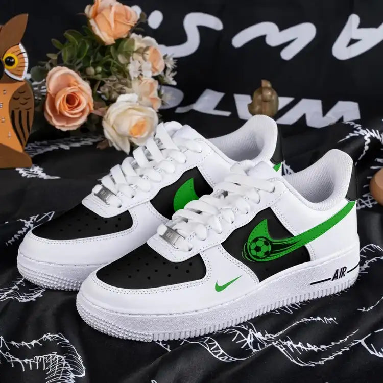 Custom Air Force 1 White Black With Green Soccer Ball Graphic-oicustom