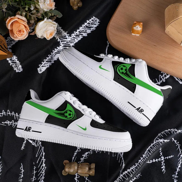 Custom Air Force 1 White Black With Green Soccer Ball Graphic-oicustom