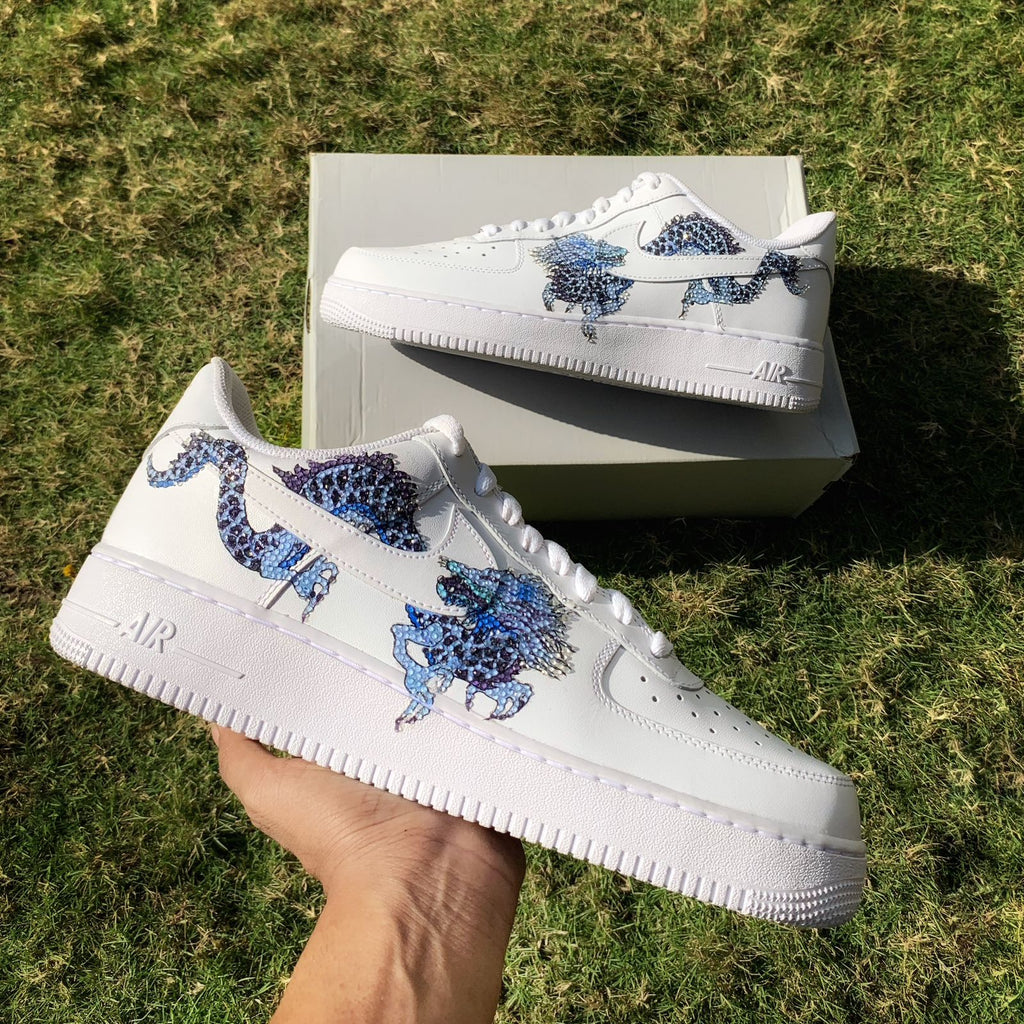 Custom Air Force 1 White Blue Dragon Patterns With Rhinestones-oicustom