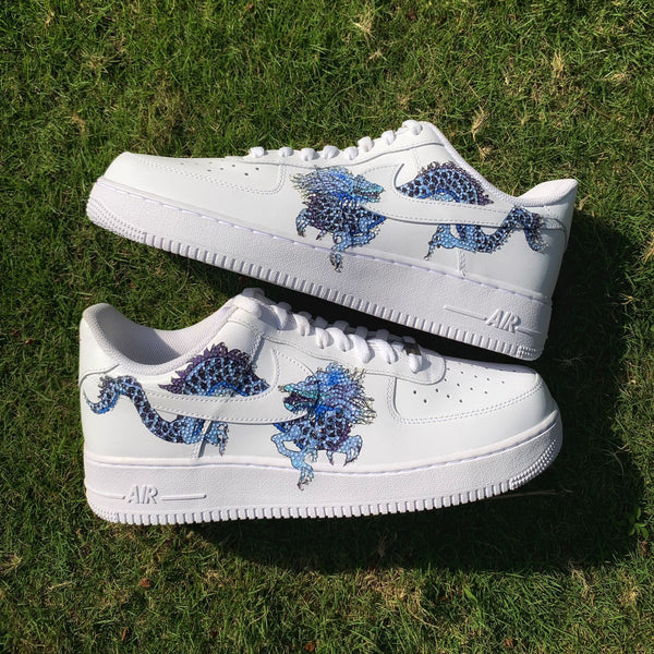 Custom Air Force 1 White Blue Dragon Patterns With Rhinestones-oicustom