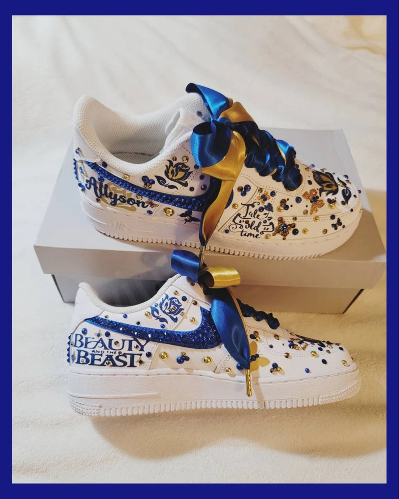 Custom Air Force 1 White Blue Gold Beauty And the Beast Theme With Rhinestones-oicustom
