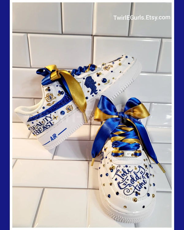 Custom Air Force 1 White Blue Gold Beauty And the Beast Theme With Rhinestones-oicustom