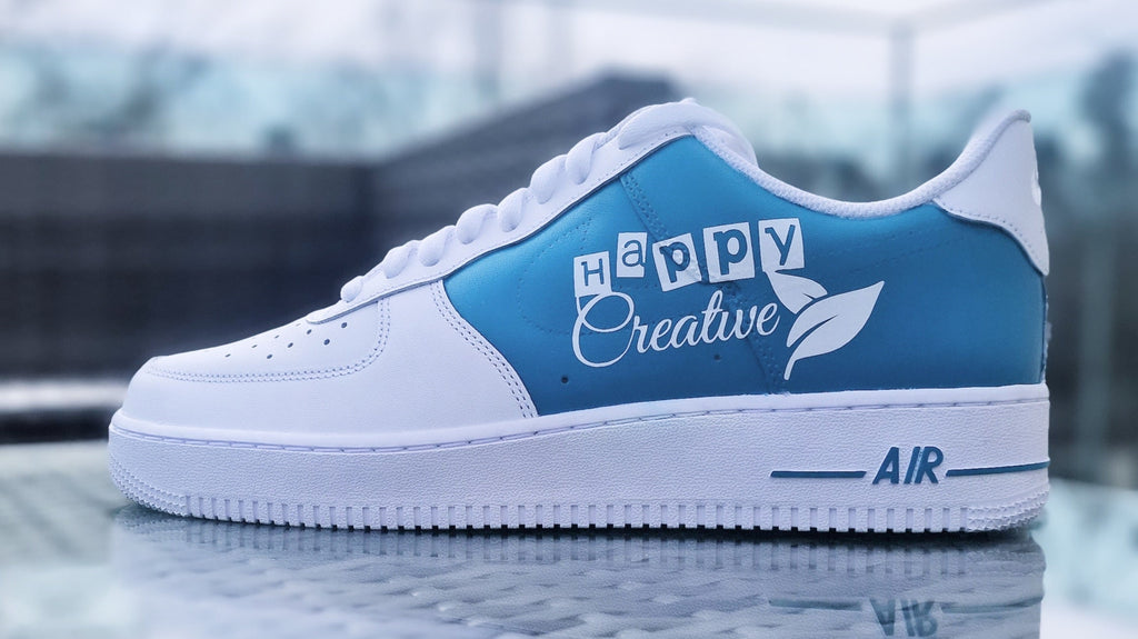 Custom Air Force 1 White Blue With Happy Creative Text And Leaf Pattern-oicustom
