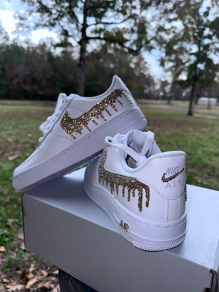 Custom Air Force 1 White Gold Rhinestones Drip Design-oicustom