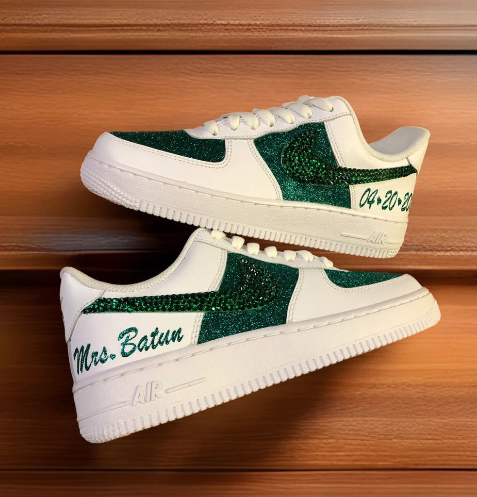 Custom Air Force 1 White Green Glitter Rhinestones Personalized Text-oicustom