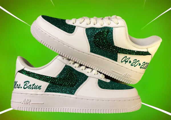Custom Air Force 1 White Green Glitter Rhinestones Personalized Text-oicustom