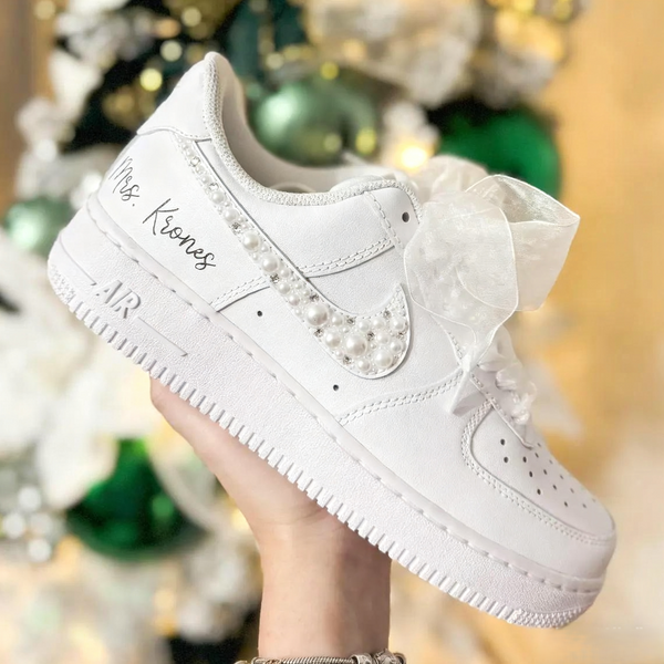 Custom Air Force 1 White Pearl Embellished Bride Style-oicustom