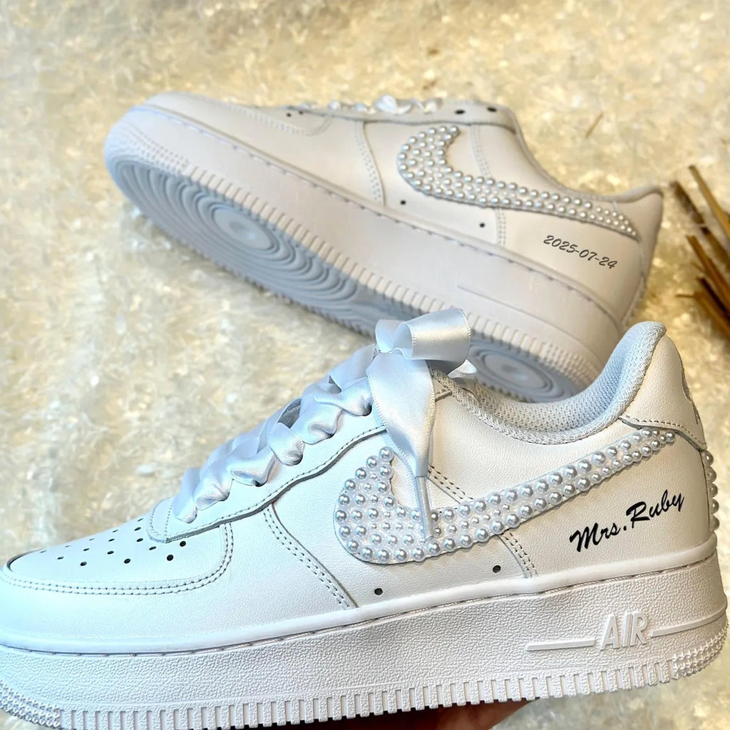 Custom Air Force 1 White Pearl Embellished With Satin Laces-oicustom