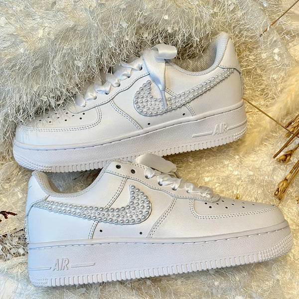 Custom Air Force 1 White Pearl Embellished With Satin Laces-oicustom