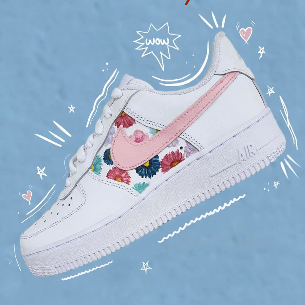 Custom Air Force 1 White Pink Swoosh And Floral Pattern-oicustom
