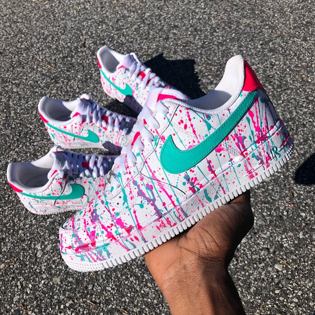 Custom Air Force 1 White Pink Teal Splatter Design-oicustom