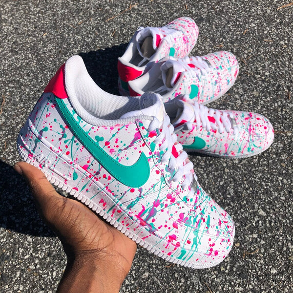 Custom Air Force 1 White Pink Teal Splatter Design-oicustom