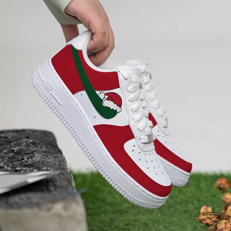Custom Air Force 1 White Red Green Santa Hat Design-oicustom