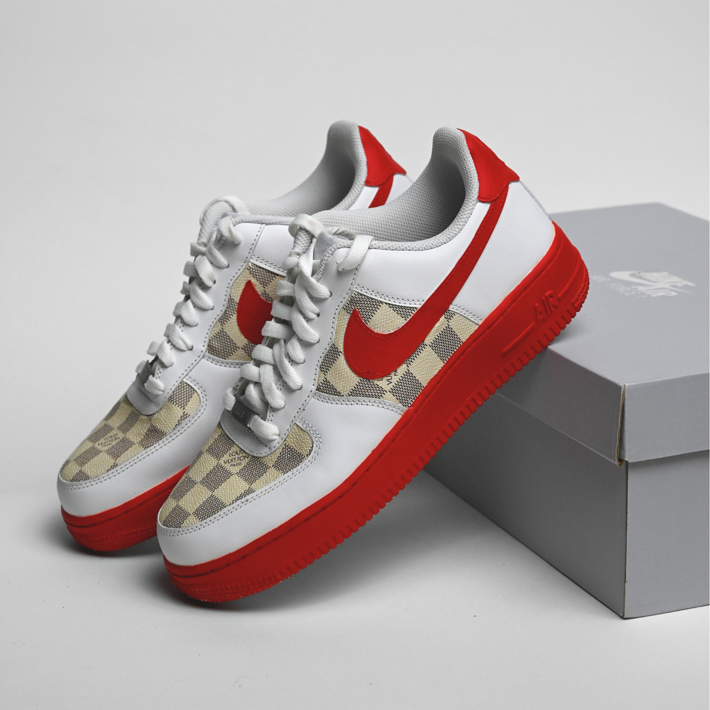 Custom Air Force 1 White Red With LV Checkerboard Pattern-oicustom