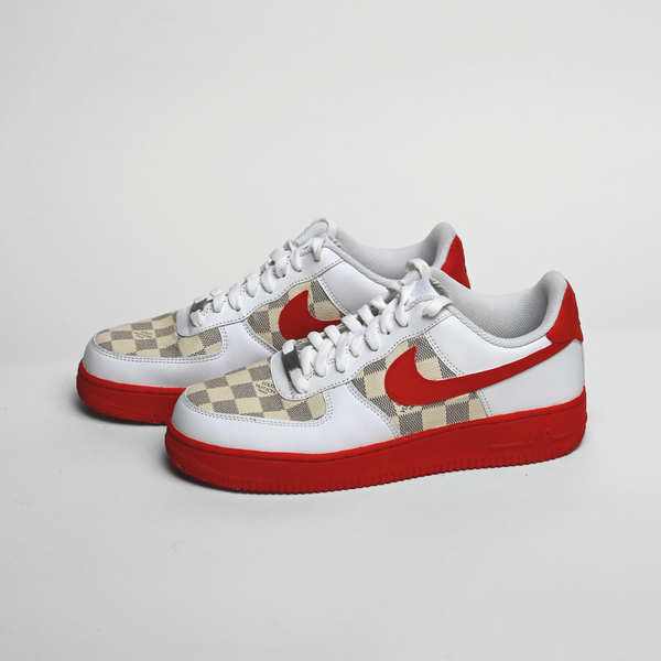 Custom Air Force 1 White Red With LV Checkerboard Pattern-oicustom