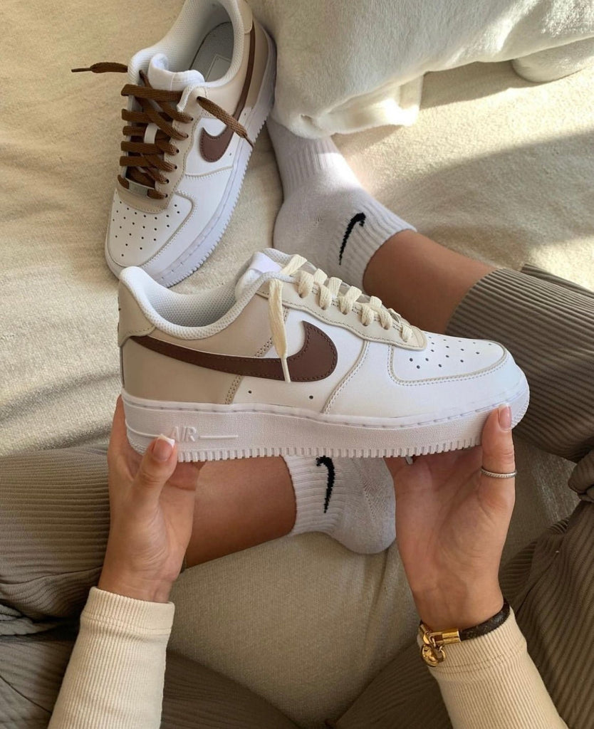 Custom Air Force 1 White Tan Brown Swoosh Design-oicustom