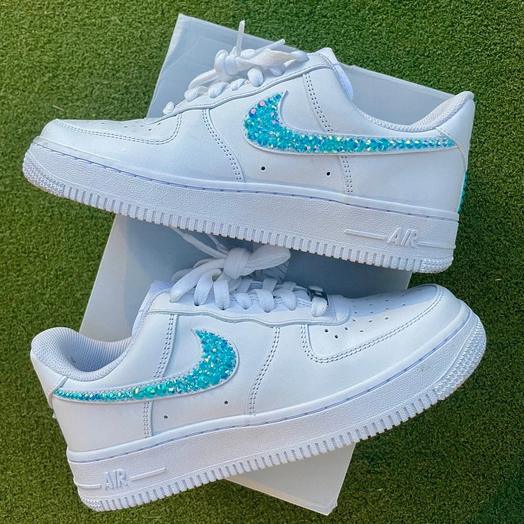 Custom Air Force 1 White Teal Rhinestones-oicustom