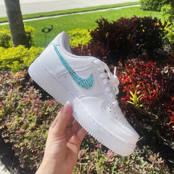 Custom Air Force 1 White Teal Rhinestones-oicustom