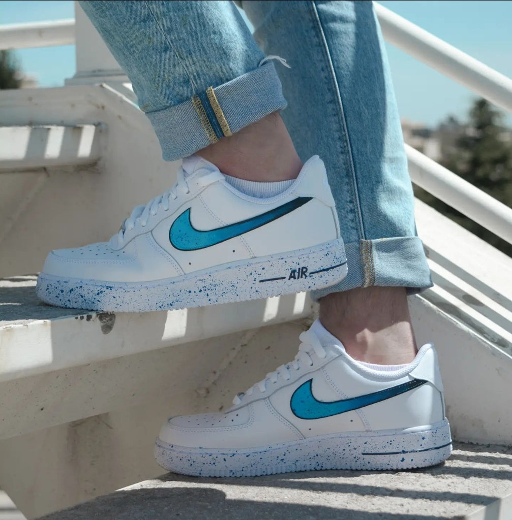 Custom Air Force 1 White Teal Splatter Design-oicustom