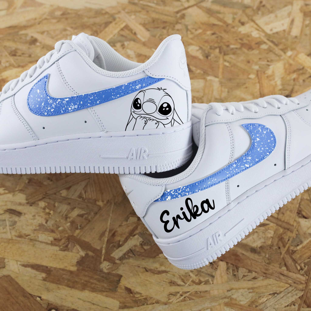 Custom Air Force 1 White With Baby Blue Glitter And Stitch Design-oicustom