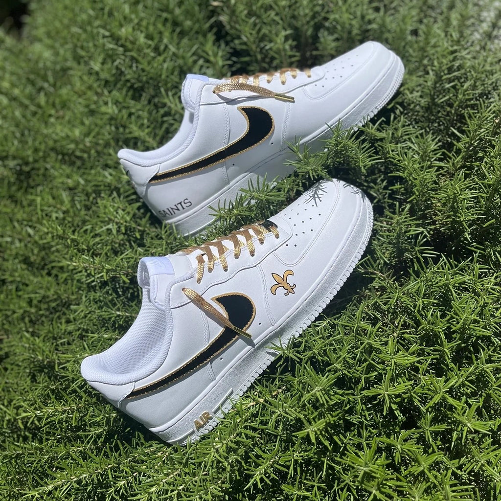 Custom Air Force 1 White With Black And Gold Accents Fleur - de - Lis Logo-oicustom