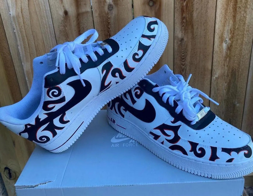 Custom Air Force 1 White With Black And Red Swirl Patterns-oicustom