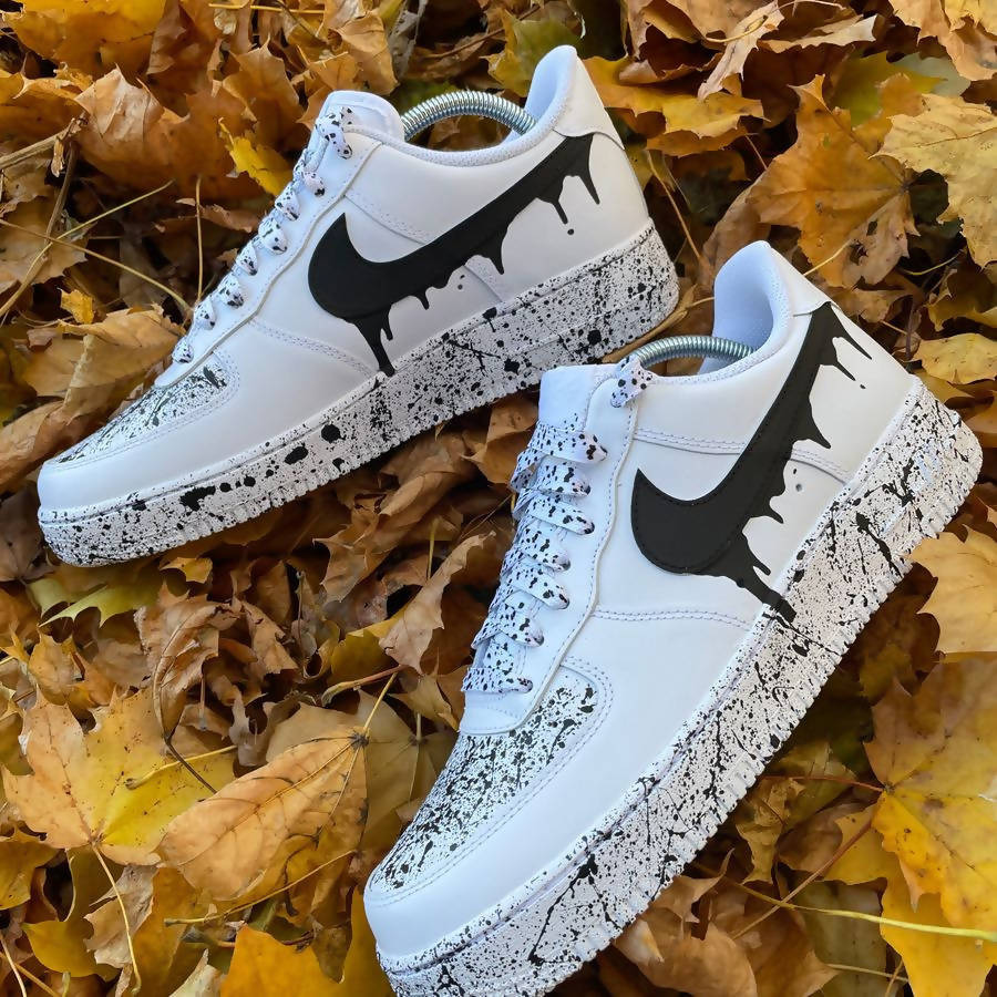 Custom Air Force 1 White With Black Drip And Splatter Pattern-oicustom