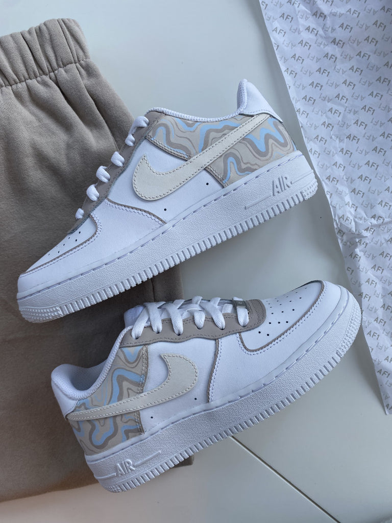 Custom Air Force 1 White With Blue And Brown Wave Patterns-oicustom
