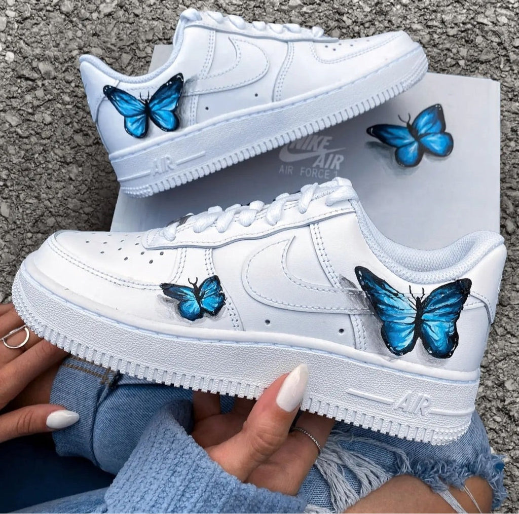 Custom Air Force 1 White With Blue Butterflies-oicustom